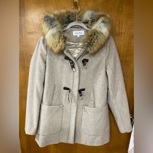 Calvin Klein Tan Pea Coat with Faux Fur Trim